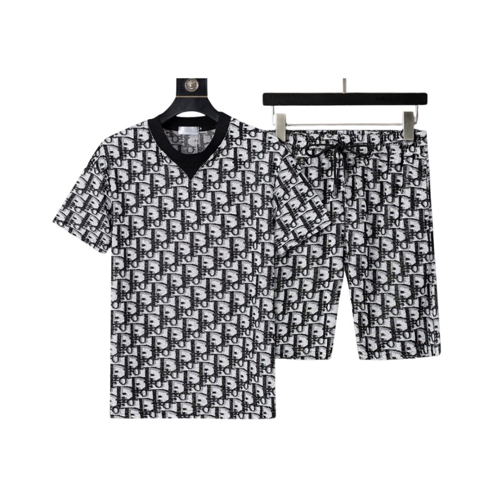 Jacquard Round Neck Short Suit Black & White