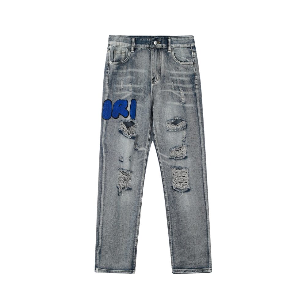 Embroidered Leather Ripped Letters Skinny Jeans
