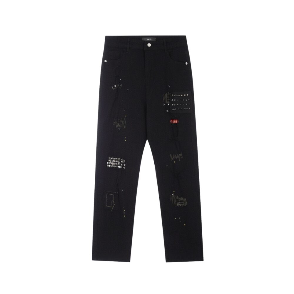 Classic Diamond-Studded Ripped Jeans