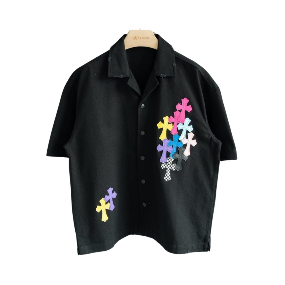 Colorful Leather Label Cross Denim Short-Sleeved Shirt
